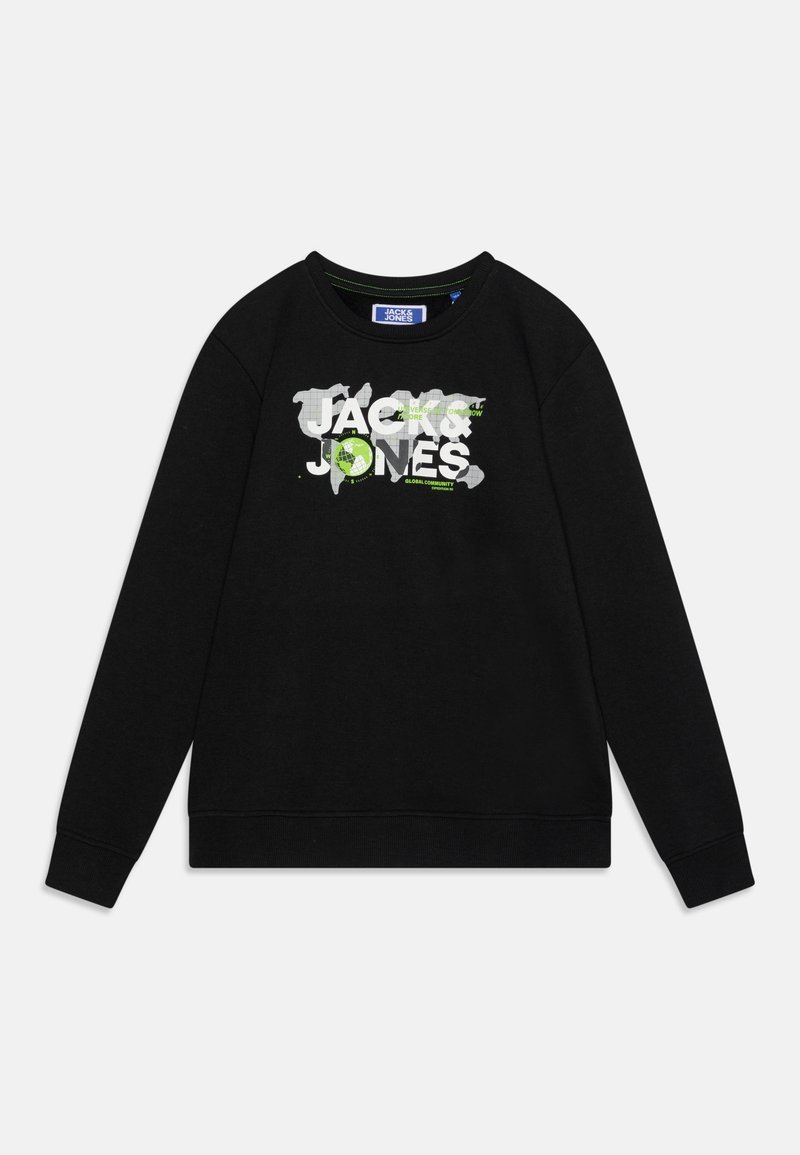 Sweatshirt noir à manches longues, col rond, avec une impression graphique en blanc et vert indiquant "JACK & JONES" sur le devant.