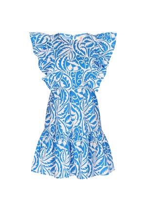 Robe à motif floral bleue et blanche avec des manches flotantes, un ourlet froncé et un col rond. Fabriquée en tissu léger.