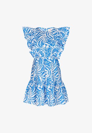 Robe à motif floral bleue et blanche avec des manches flotantes, un ourlet froncé et un col rond. Fabriquée en tissu léger.