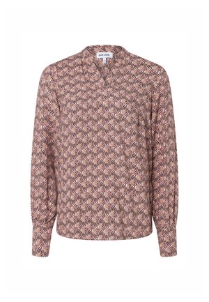Blouse met lange mouwen met een abstract bladpatroon in roze, bruin en beige en een kleine V-hals.