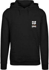 Felpa nera con tasca frontale, cordini e un emblema con testo bianco e marrone. Realizzata in morbido cotone misto.
