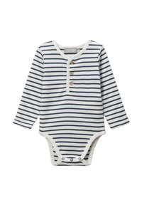 Bodysuit pour bébé à manches longues rayé blanc et marine avec trois boutons en bois sur la poitrine et des fermetures à pression à l'entrejambe.
