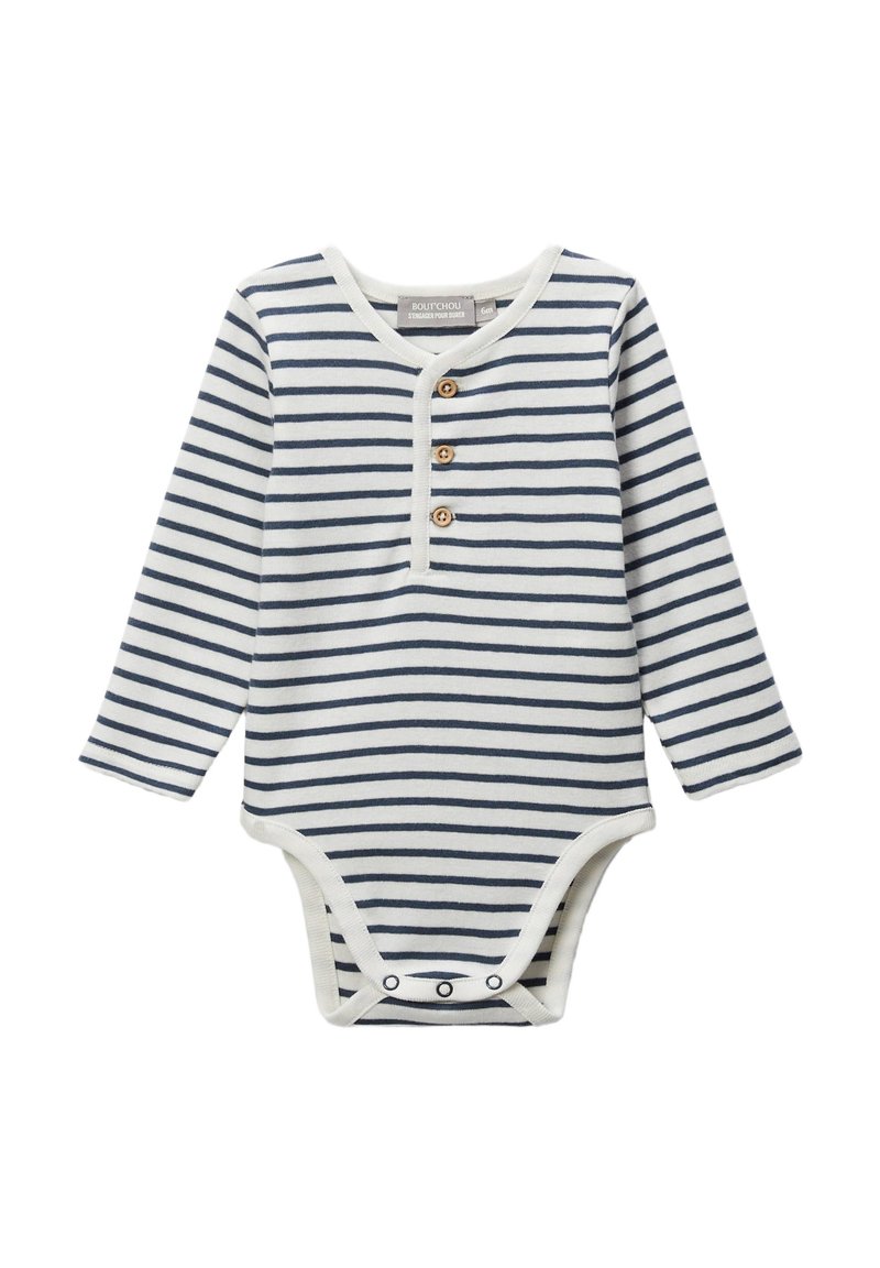 Bodysuit pour bébé à manches longues rayé blanc et marine avec trois boutons en bois sur la poitrine et des fermetures à pression à l'entrejambe.