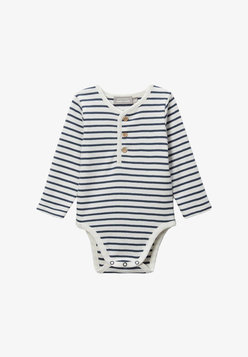 Bodysuit pour bébé à manches longues rayé blanc et marine avec trois boutons en bois sur la poitrine et des fermetures à pression à l'entrejambe.