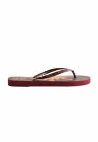 Hnědé gumové žabky s mořskou textured spodní částí v odstínu maroon a květinovým vzorem v odstínech oranžové a žluté na stélce.