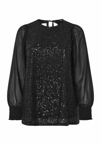 Svart topp med ett frontparti täckt av paljetter, genomskinliga långa ärmar och smockade manschetter, med hög krage och knäppning bak.