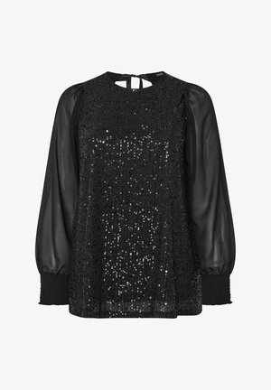 Top nero con frontale coperto di paillettes, maniche lunghe trasparenti e polsini arricciati, collo alto e chiusura con bottone sul retro.