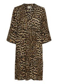 Kleid mit Leopardenmuster, V-Ausschnitt, dreiviertellangen Glockenärmeln und gestuften Saum. Hergestellt aus leichtem, strukturiertem Stoff.