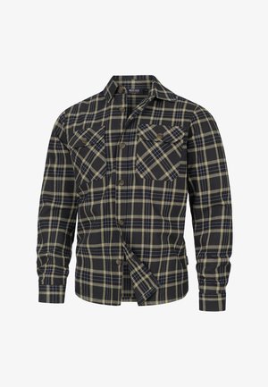 Koszula flanelowa w ciemnonawowym i oliwkowym wzorze w kratkę. Posiada dwie kieszenie na piersiach, zapięcia na guziki, długie rękawy oraz klasyczny krój kołnierzyka.