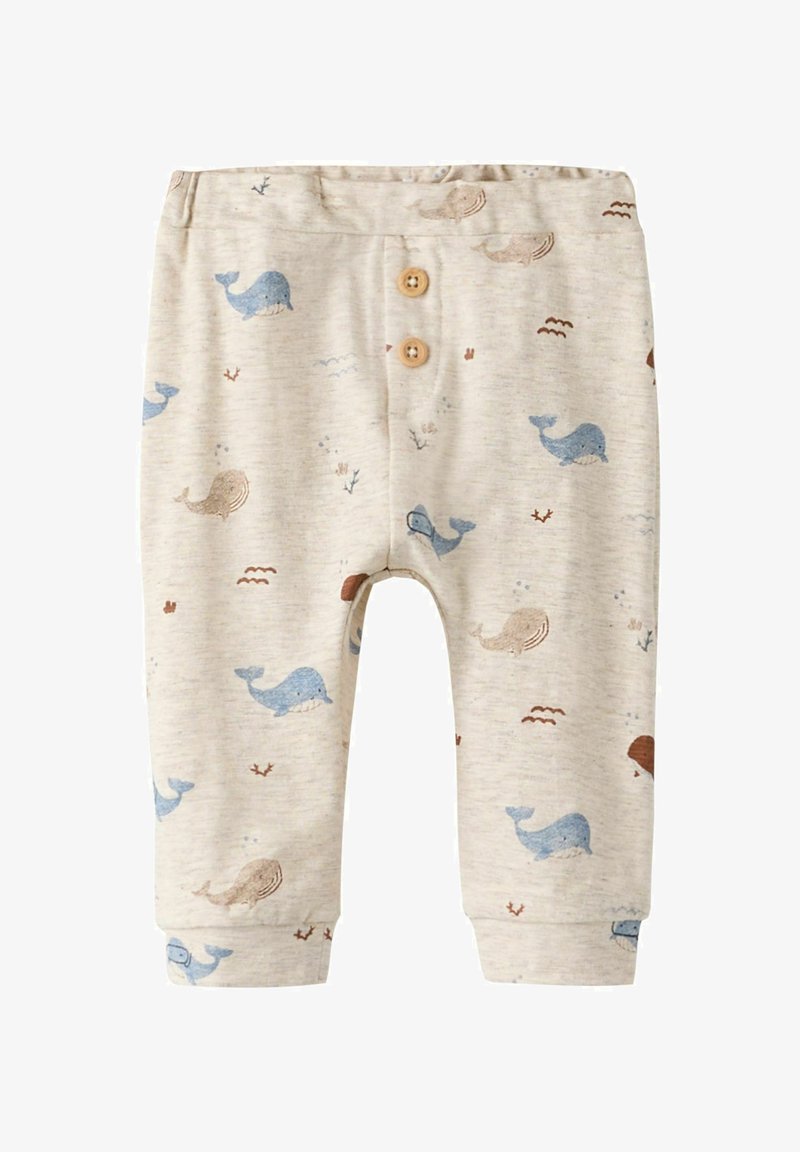 Μπεζ παντελόνια μωρού με μπλε και καφέ σχέδια φάλαινας και δύο ξύλινα κουμπιά στη μπροστινή ζώνη.