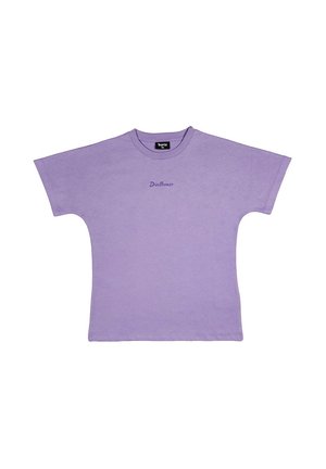 T-shirt di cotone viola a maniche corte con una vestibilità rilassata, caratterizzato dalla parola "Disclaimer" ricamata in una tonalità abbinata sul petto.