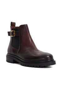 Maroon leather ankle boot with a smooth finish, elastic side panels, gold buckle detail, and a sturdy black rubber sole.