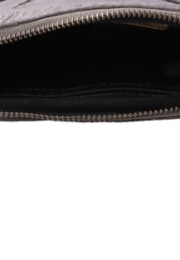 Gray leather pouch with a zipper closure, showcasing a smooth texture and a dark interior lining. Features visible stitching along the edges.