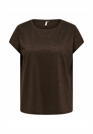 Mørkebrun kortærmet glitrende bluse med rund halsudskæring og lige kant, vist mod en hvid baggrund.