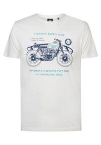 Bílý bavlněný tričko s modrou grafikou motocyklu a textem o havajské cestě Kahua. Krátké rukávy a výstřih ve tvaru Crew.