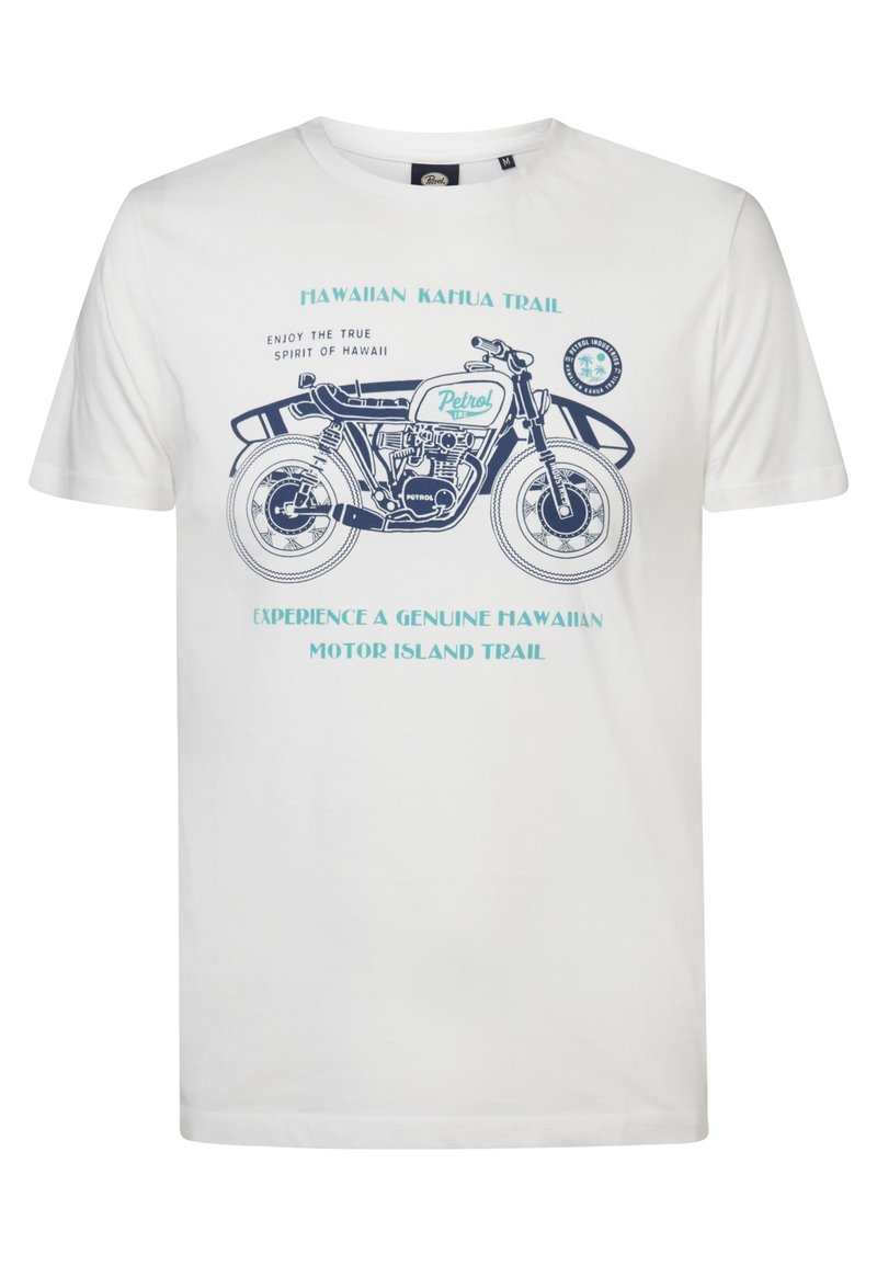 Bílý bavlněný tričko s modrou grafikou motocyklu a textem o havajské cestě Kahua. Krátké rukávy a výstřih ve tvaru Crew.
