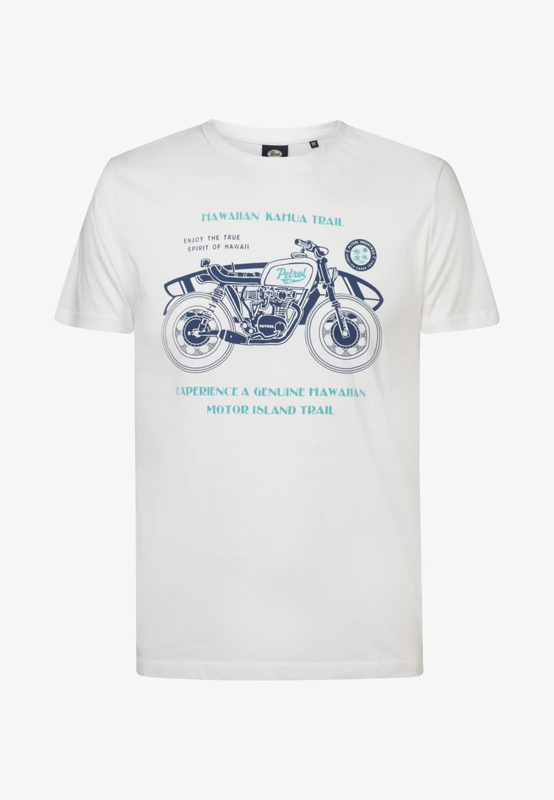 Weißes Baumwoll-T-Shirt mit einem blauen Grafikdesign eines Motorrads und Text über den Hawaiian Kahua Trail. Kurze Ärmel und Rundhalsausschnitt.