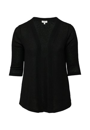 Cardigan noir léger avec un col en V, des manches 3/4 et un tricot légèrement texturé. Il présente une coupe décontractée et un dos légèrement plus long.