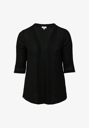 Cardigan leggero nero con scollo a V, maniche 3/4 e una maglia leggermente texturizzata. Presenta una vestibilità rilassata e un orlo posteriore più lungo.