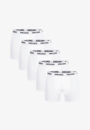 Boxer-culottes blanches avec une ceinture logo « SMILODOX » noire. Cinq paires exposées. Le tissu semble lisse et élastique, avec un design ajusté.