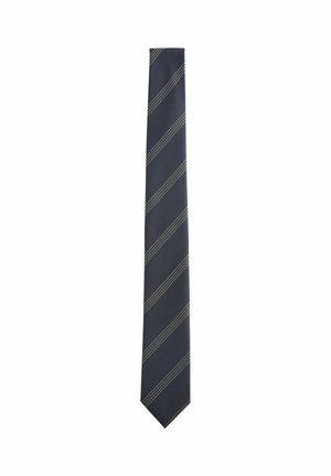 Dunkelblauer Krawatte mit dünnen diagonal gestickten weißen Streifen, die gleichmäßig entlang der Länge verteilt sind.