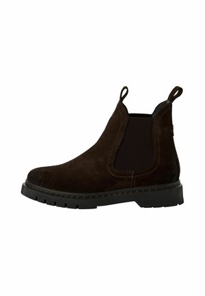 Bottines Chelsea en daim marron avec des panneaux élastiques sur les côtés, bout arrondi, languettes de tirage et semelle en caoutchouc noir texturé. Design classique et polyvalent.
