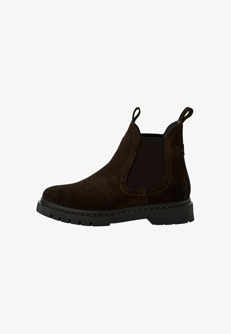 Bottines Chelsea en daim marron avec des panneaux élastiques sur les côtés, bout arrondi, languettes de tirage et semelle en caoutchouc noir texturé. Design classique et polyvalent.