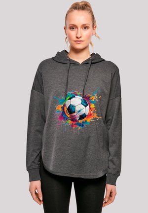 Kapuzenpullover in Anthrazitgrau mit einem großen, farbenfrohen Fußball-Graphic, das mit lebendigen Farbtafeln besprüht ist. Verfügt über eine lockere Passform und lange Ärmel.