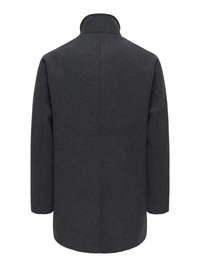 Grauer Wollmantel mit hohem Kragen, geradem Schnitt und langen Ärmeln. Die Rückseite zeigt ein schlichtes Design mit einer mittigen Naht und ohne sichtbare Verschlüsse.