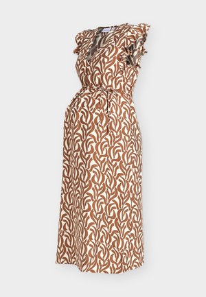 Robe midi sans manches avec motif abstrait tourbillonnant marron et blanc, détails froncés aux épaules et ceinture à nouer à la taille.