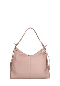 Roze leren handtas met een zachte textuur, ronde vorm en een enkele schouderband. Kenmerkt gouden hardware en trekkoordaccenten.