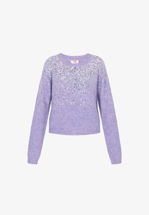 Lila ronde hals trui met lange mouwen, met een gemêleerd uiterlijk en metalen pailletten die de bovenkant van de voorkant versieren.