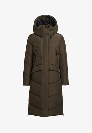 Brown padded long coat with a hood, featuring zippered pockets, quilted design, and a zip closure. Material appears synthetic.