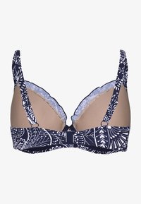 Top de biquíni azul-marinho com padrão floral branco, alças ajustáveis, suporte com aros e um design texturizado levemente acolchoado.
