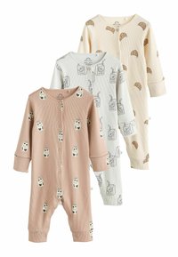 Tre baby bodysuits i mjuk bomull: en rosa med tryck av nappflaskor, en vit med teckningar av juice och en krämfärgad med croissantmotiv.