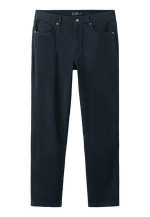 Jeans neri aderenti con tasche anteriori e posteriori, chiusura con bottoni e passanti per cintura, mostrati stesi su sfondo bianco.