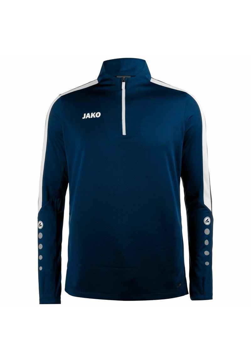 Marineblauw sporttop met lange mouwen en een kwart-rits kraag, witte zijstrepen en grijze knoopaccenten op de mouwen. Inclusief JAKO-logo.