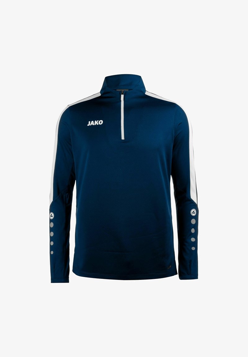 Maglia sportiva a maniche lunghe blu navy con colletto a zip quarti, strisce laterali bianche e bottoni grigi sui maniche. Caratterizzata dal logo JAKO.