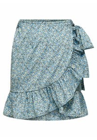 Falda cruzada azul claro con un estampado floral, que presenta un dobladillo con volantes y un detalle de lazo lateral, hecha de una tela suave y ligera.