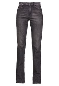 Dark gray slim-fit denim jeans with button and zip closure, front and back pockets, and subtle faded detailing.