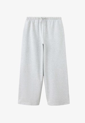 Hellgraue Sweatpants mit weitem Bein, elastischem Bund und Kordelzug, aus weichem Stoff.