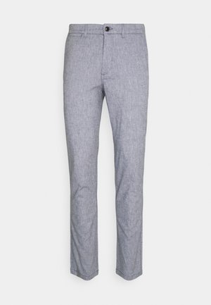 Lysegrå slim-fit bukser med knap- og lynlåslukning, bæltestropper og lige ben.