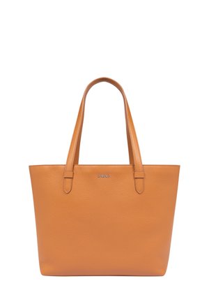 Orange leather tote bag with two top handles, smooth texture, and embossed logo on the front. Features a structured shape and spacious interior.