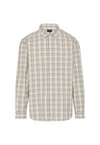 Lange mouw knoopsluiting shirt in lichtbeige met zwart ruitpatroon. Beschikt over een klassieke kraag en een rechte zoom. Gemaakt van lichtgewicht stof.