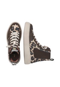 Braune Wildleder-Hochschnitt-Sneaker mit Leopardenmuster-Akzenten. Ausgestattet mit weißen Schnürsenkeln, einer strukturierten Gummisohle und einer Schlaufe an der Ferse.