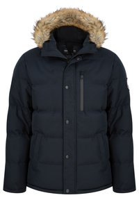 Navy-blauer Puffer-Jacke mit abnehmbarem, gefüttertem Kunstfell-Hood, Frontreißverschluss, Druckknöpfen und Seitentaschen. Verfügt über eine Brusttasche.