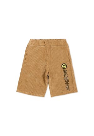 Pantaloncini in velluto a coste color beige con vita elastica e testo nero "BARROW" accanto a una faccina gialla sorridente sulla gamba sinistra.