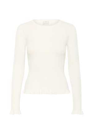Haut blanc à manches longues côtelé, col rond et bords à volants aux poignets et à l'ourlet, coupe slim.
