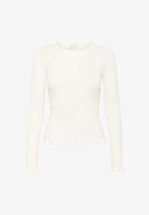 White ribbed long-sleeve top with round neckline and ruffled edges at cuffs and hem, slim fit style.