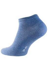 Calzino blu alla caviglia realizzato in materiale elasticizzato, con un bordo a costine, texture liscia e taglia stampata (38-42) sul lato.
